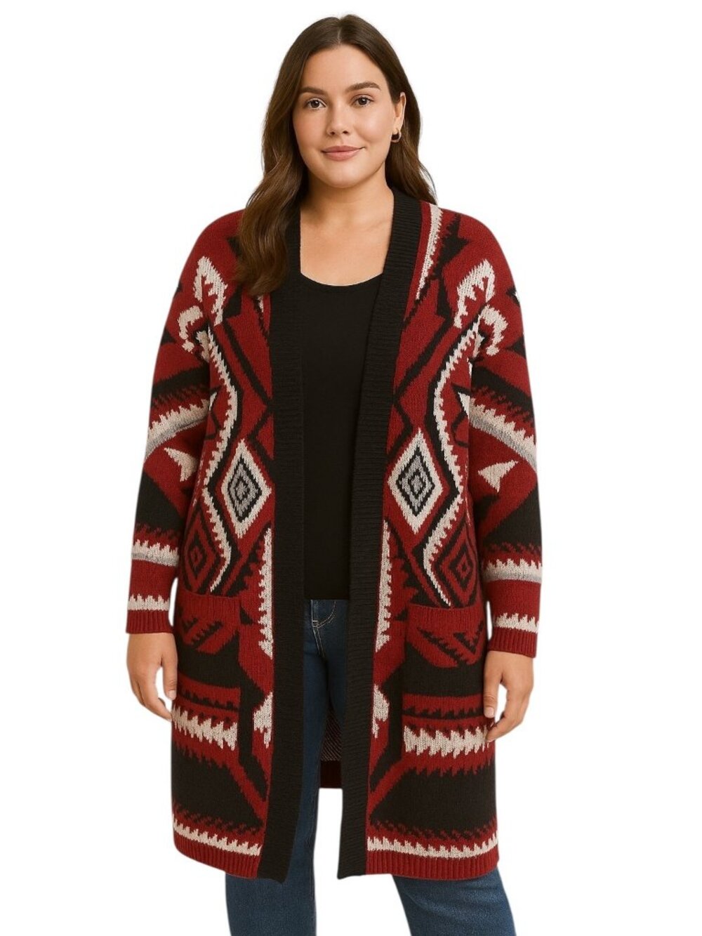 Bibi Southwestern Chunky Duster Cardigan Red Size XL Western Boho Rodeo Preppy